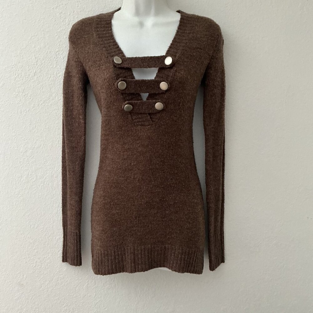 LOVE ROCKS BROWN V-NECK CUT-OUT SWEATER SMALL– Y2K FAIRY GRUNGE KNIT PULLOVER